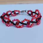 Handwoven Red & Black Crystal Bead Bracelet - Elegant Zigzag Pattern Faceted Glass Bracelet