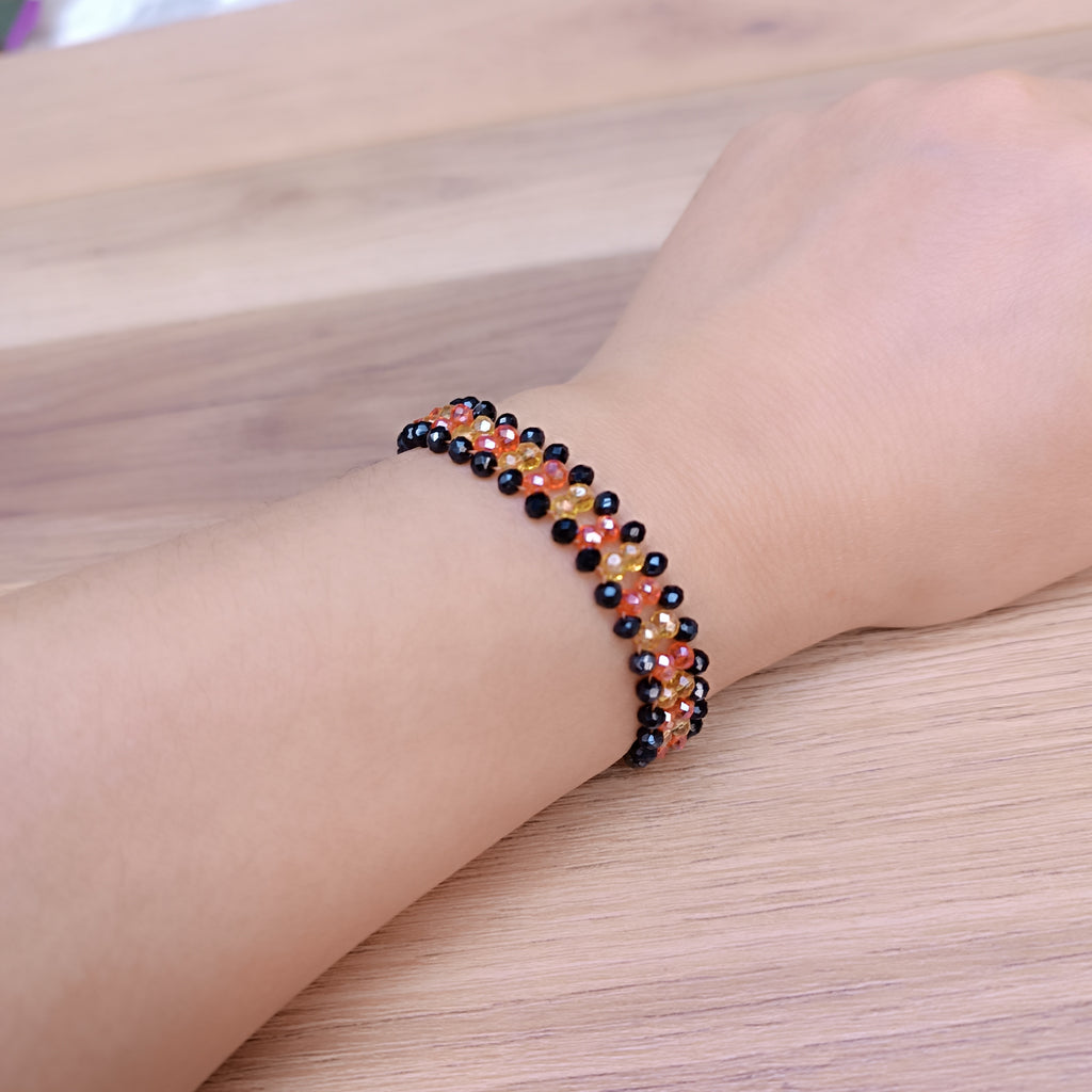 Handmade Crystal Beaded Bracelet – Black, Orange & Yellow
