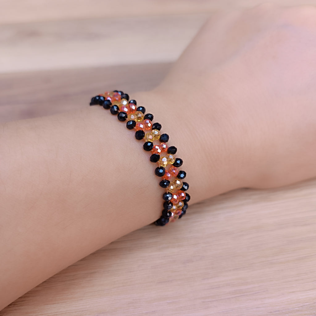 Handmade Crystal Beaded Bracelet – Black, Orange & Yellow