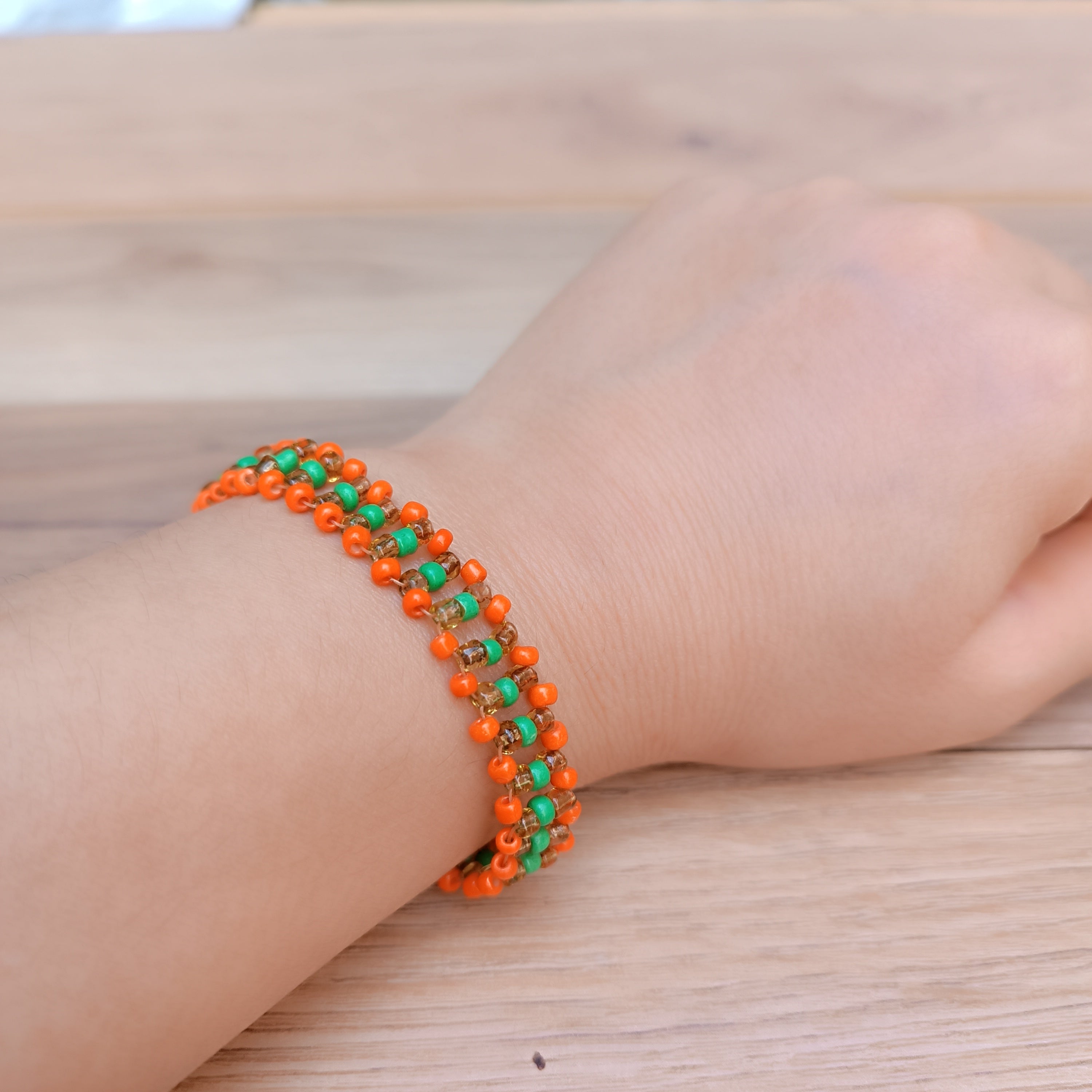 Orange & Green Beaded Bracelet - Handwoven Zigzag Pattern Glass Bead Bracelet