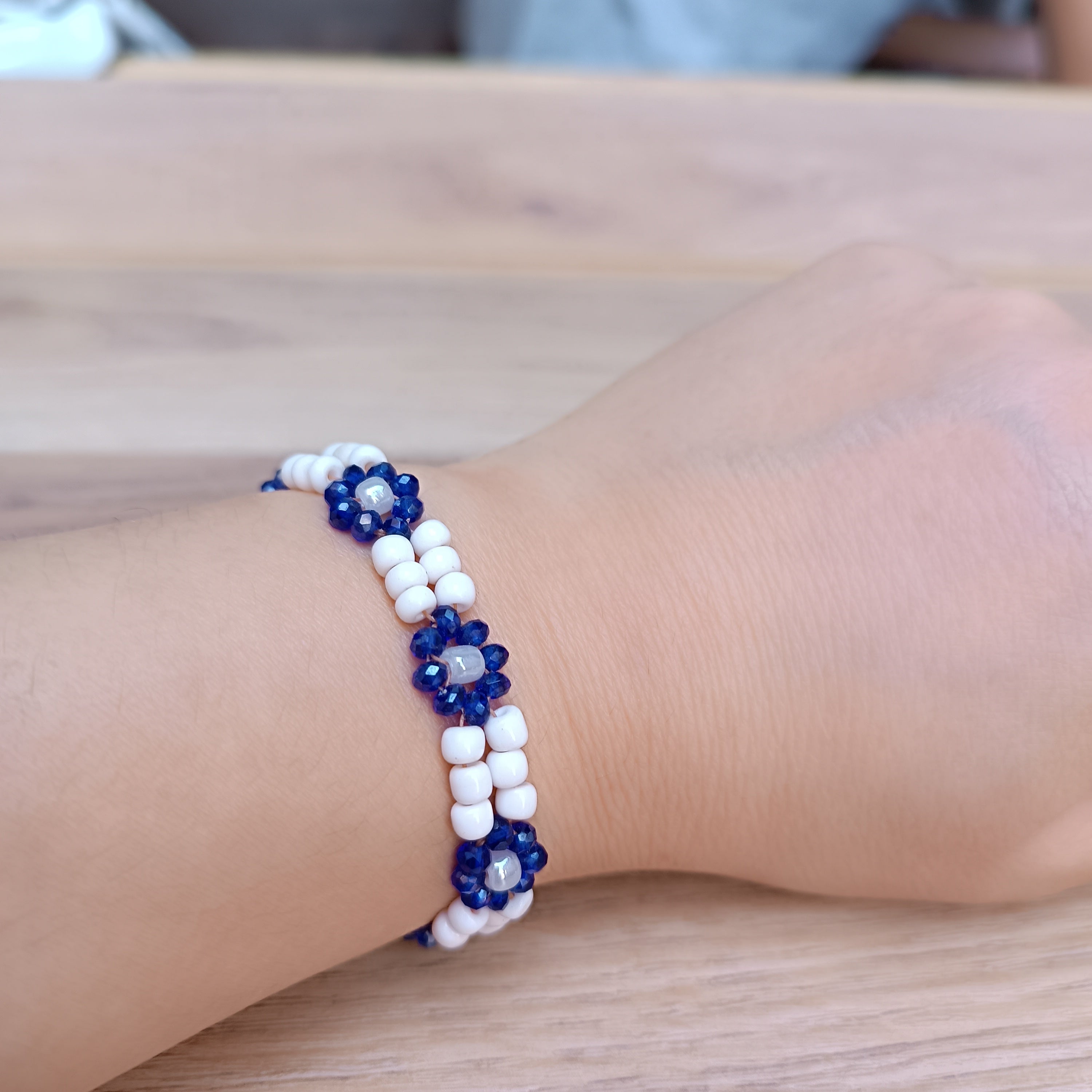 Handmade Blue & White Beaded Necklace and Bracelet Set