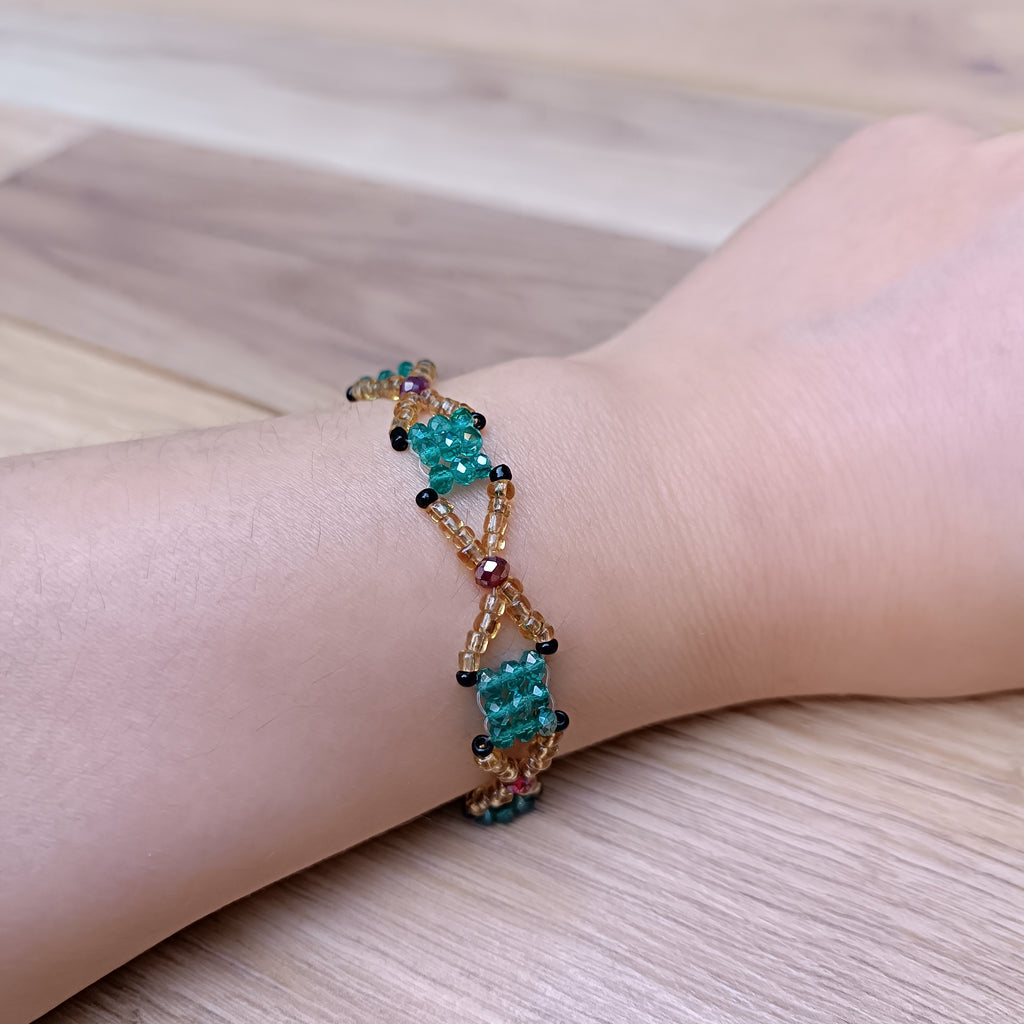 Handmade Bracelet with Emerald blue & Golden Glass Beads