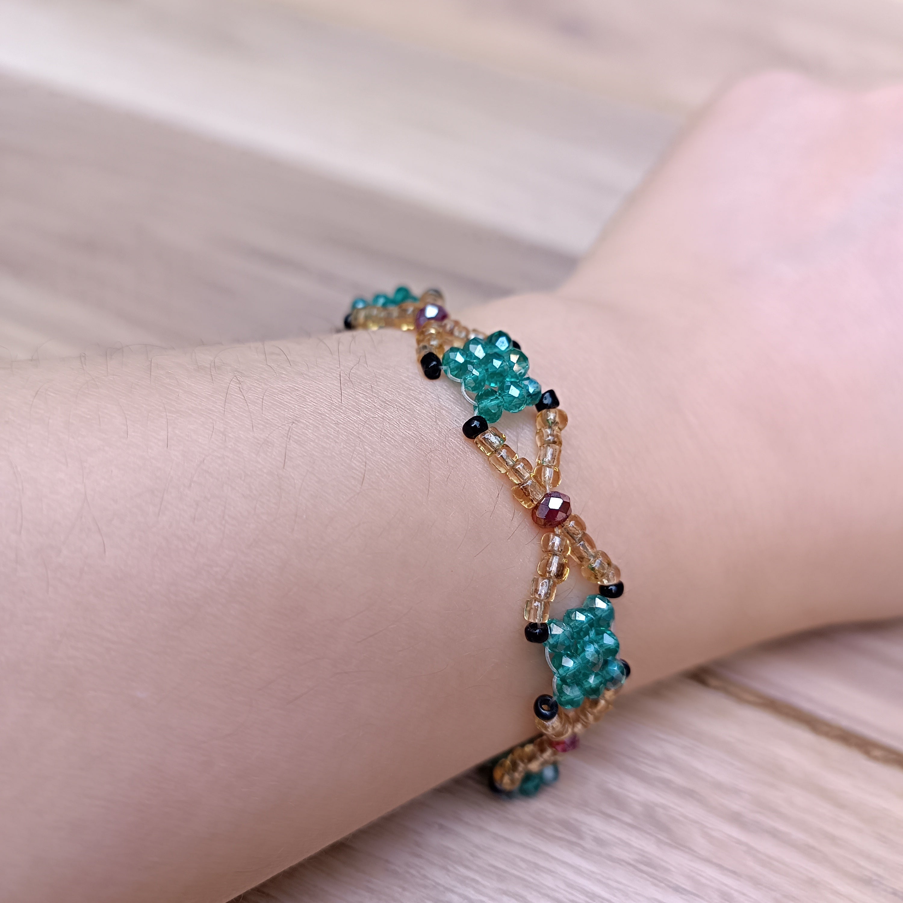 Handmade Bracelet with Emerald blue & Golden Glass Beads