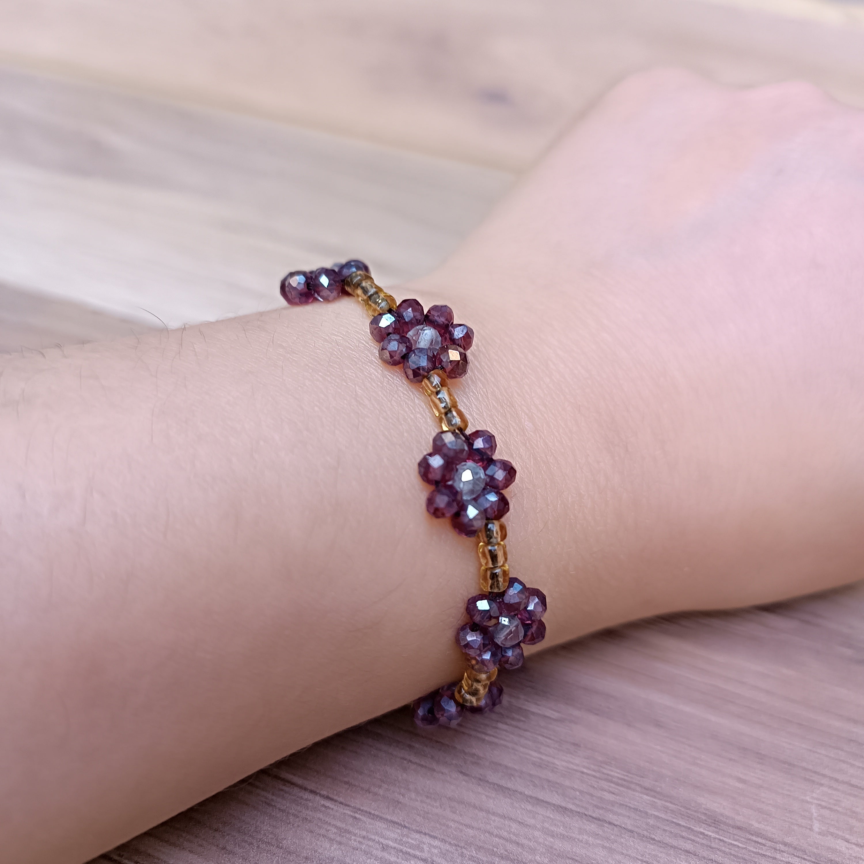 Handmade Purple Flower Beaded Bracelet – Elegant Glass Bead Jewelry