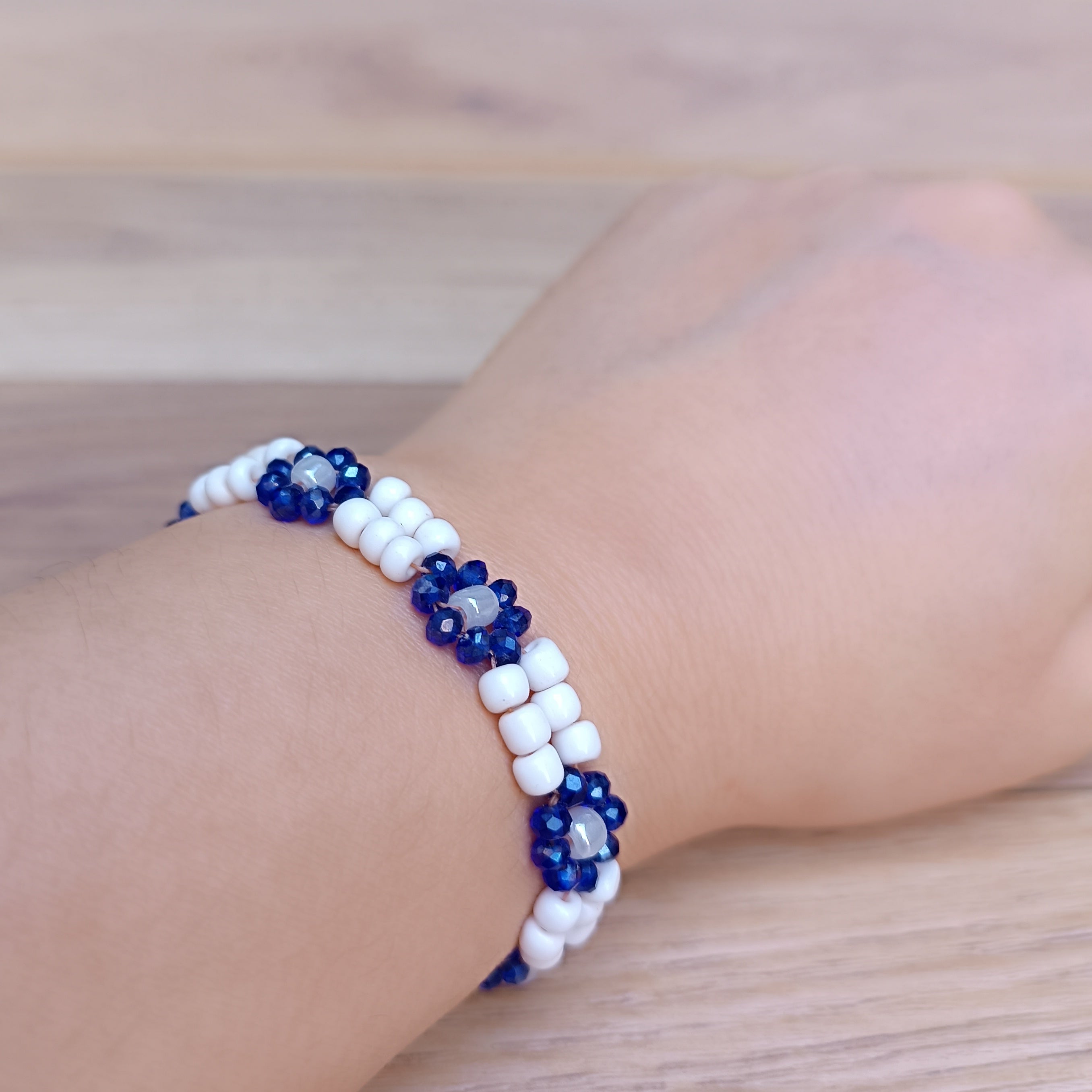 Handmade Blue & White Beaded Necklace and Bracelet Set