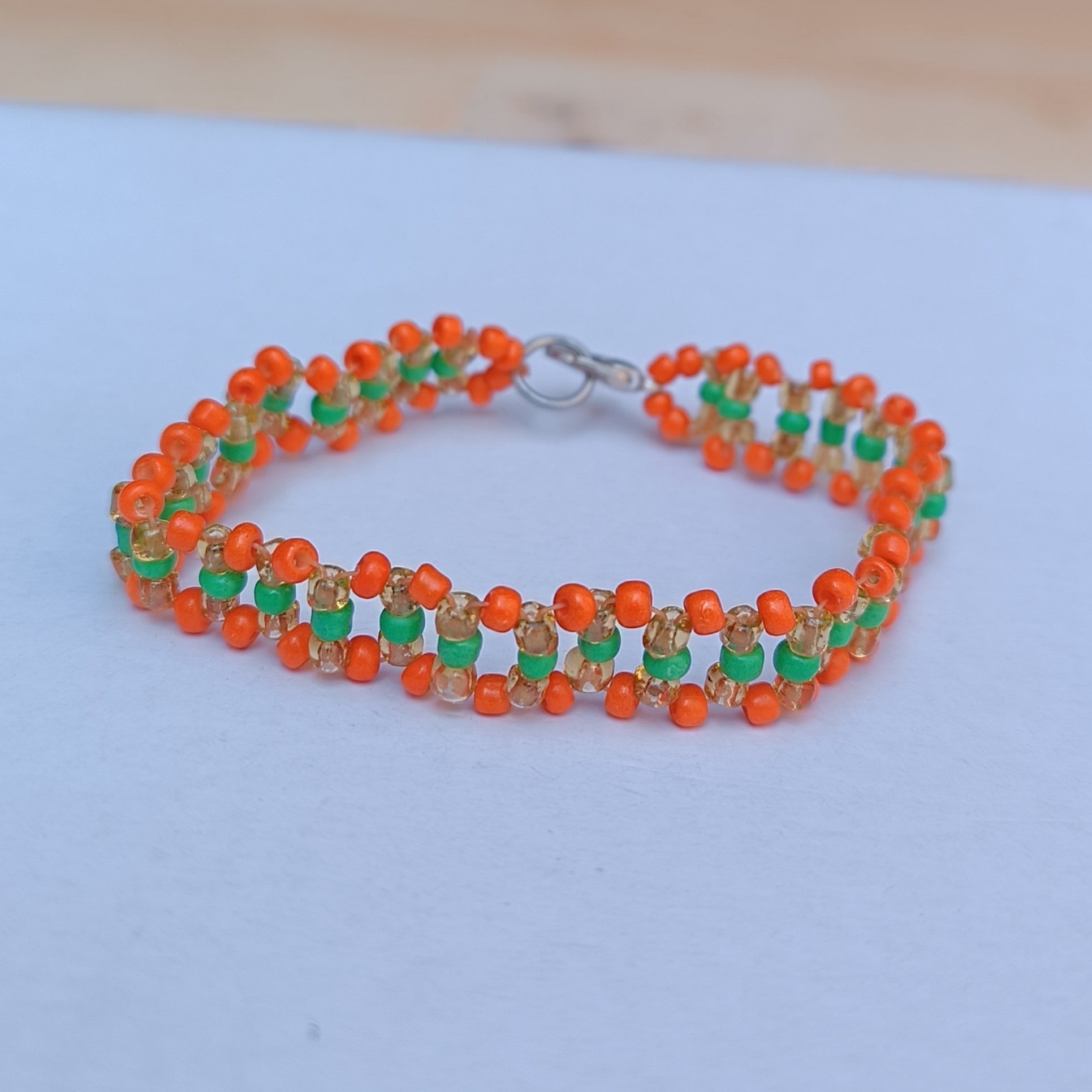 Orange & Green Beaded Bracelet - Handwoven Zigzag Pattern Glass Bead Bracelet