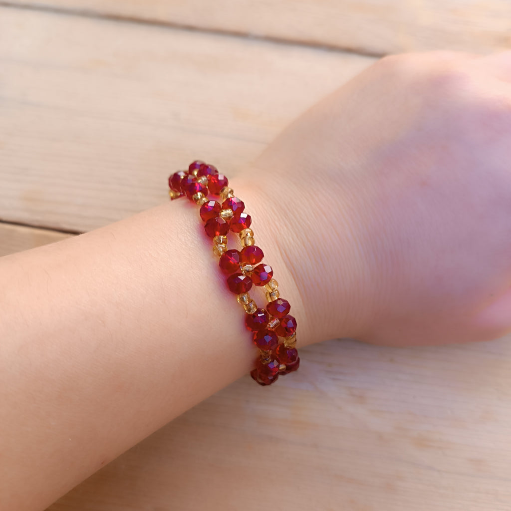 Ruby Red Crystal Beaded Bracelet with Gold Accents - Double Strand Faceted Glass Bracelet