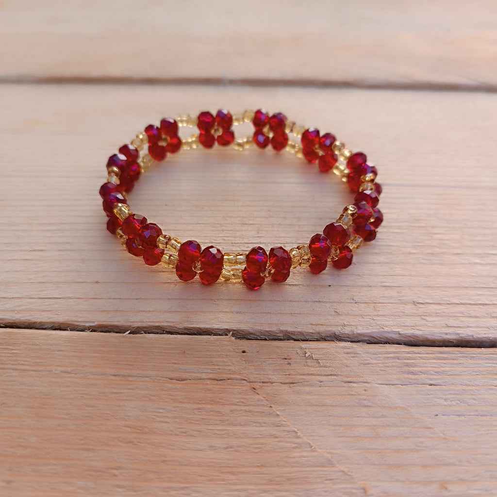 Ruby Red Crystal Beaded Bracelet with Gold Accents - Double Strand Faceted Glass Bracelet