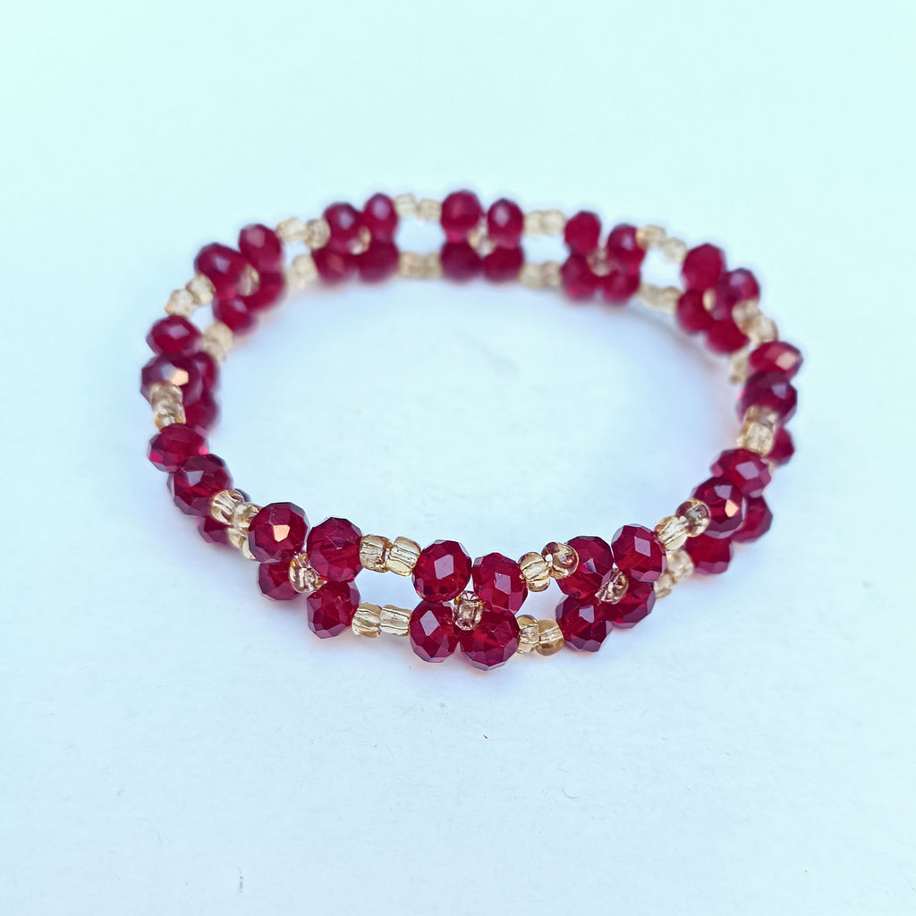 Ruby Red Crystal Beaded Bracelet with Gold Accents - Double Strand Faceted Glass Bracelet